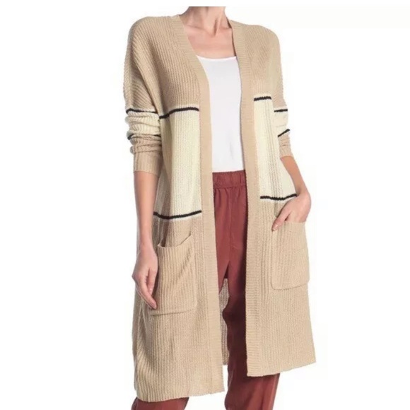 Sanctuary long sleeve shaker stitch long cardigan beige colorblock 1x - Picture 1 of 8